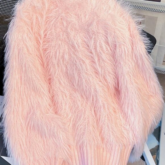 Pink Casual Women's Stand Collar Fuzzy Embellished Long Sleeve Sweater - Picture 2 of 5